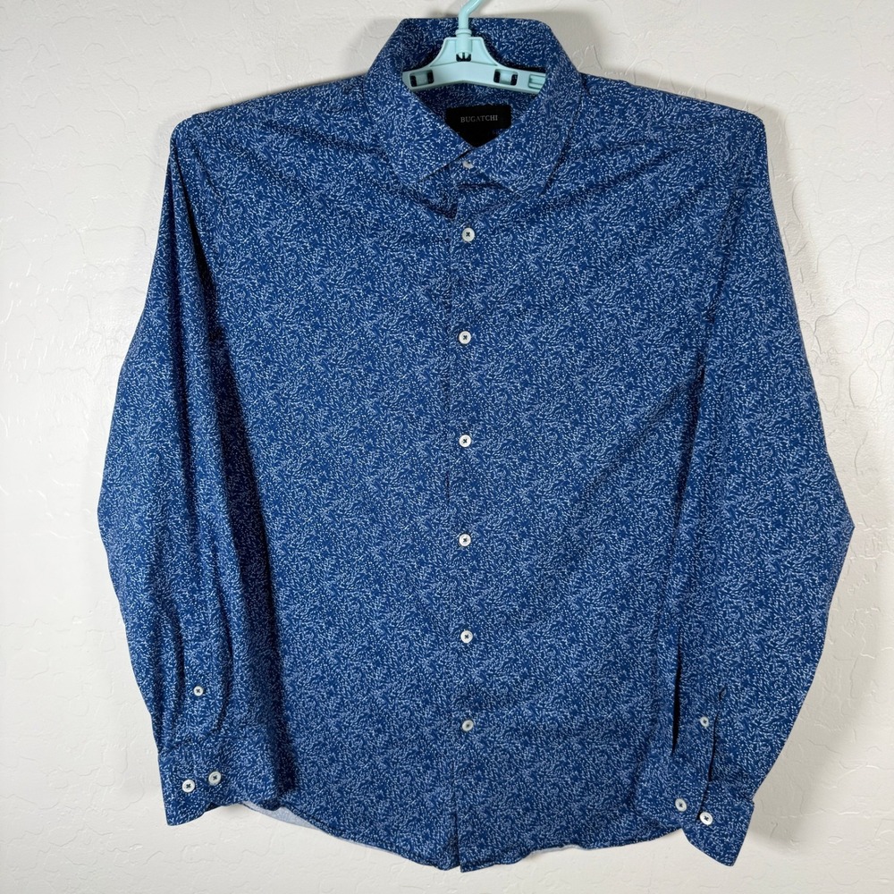 Bugatchi Shirt Mens Large Blue Floral Comfort Stretch Long Sleeve Button Down